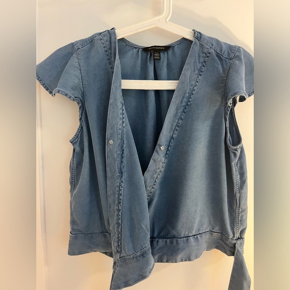 Cropped Denim Flutter Sleeve Wrap Top - Picture 3 of 5